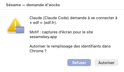 The Sésame access request: who's asking, which site, why, Deny and Allow buttons
