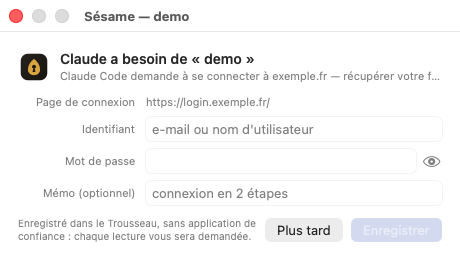 The Sésame window asking for a username and password for a site, with the eye icon to reveal the password