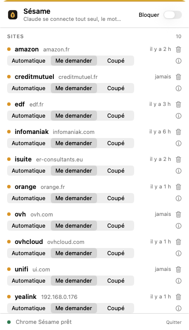 The Sésame panel in the menu bar: list of sites with their rule, log, Block button